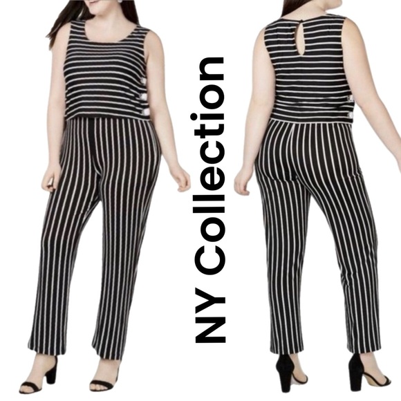 NY Collection Lace Up Black & White Striped Jumpsuit in a Plus Size 3X NWT - Picture 1 of 13